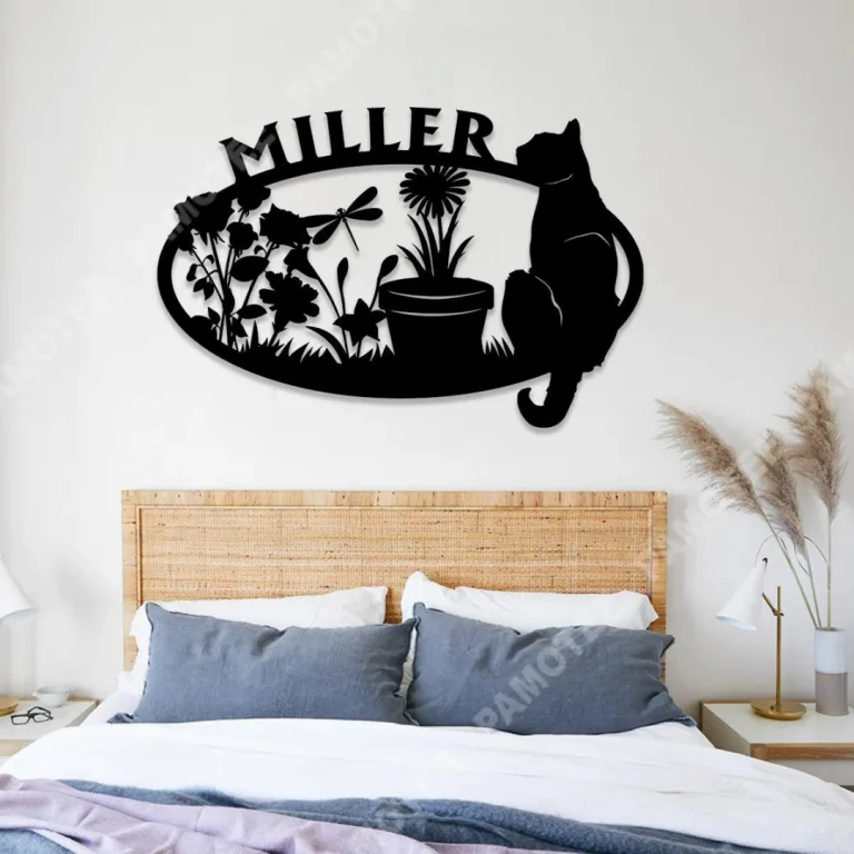 Personalized Name Cat In Garden Metal Artwork, Wall Hanging Decor, Black Color