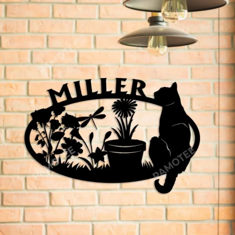 Personalized Name Cat In Garden Metal Artwork, Wall Hanging Decor, Black Color