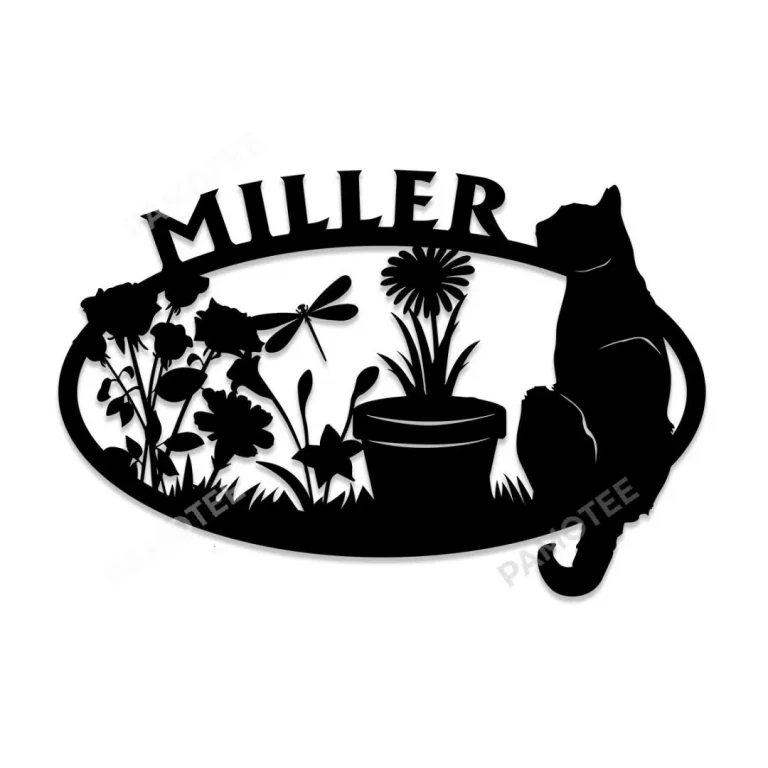 Personalized Name Cat In Garden Metal Artwork, Wall Hanging Decor, Black Color