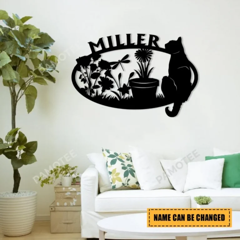 Personalized Name Cat In Garden Metal Artwork, Wall Hanging Decor, Black Color