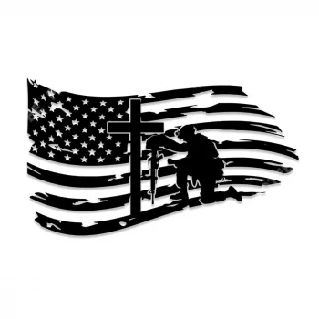 Kneeling Soldier Cross American Flag Veteran Metal Sign, Memorial Day Steel Gift