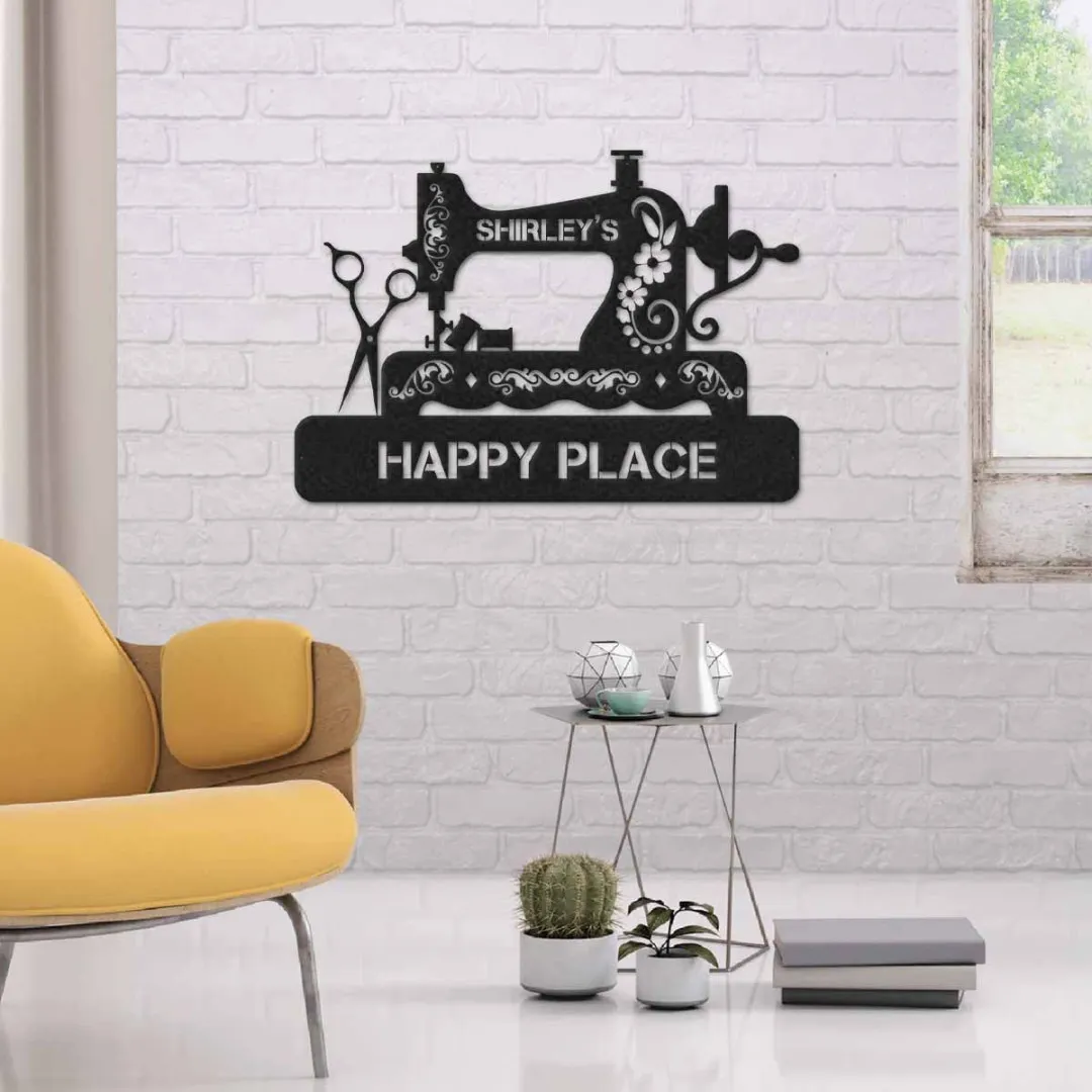 1620485895865.webp Personalized Sewing Machine Happy Place Metal Sign Art, Cut Metal Sign, Metal Wall Art, Metal House Sign