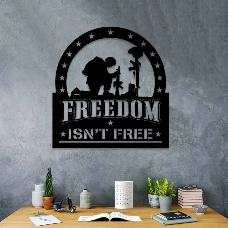 Freedom Isn't Free Kneeling Soldier Veteran Metal Sign