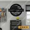 Custom Workshop With American Flag Steel Plaque, Metal Wall Hanging Garage