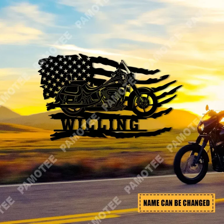 Custom Motorcycle With American Flag Cool Metal Art, Patriot Gift