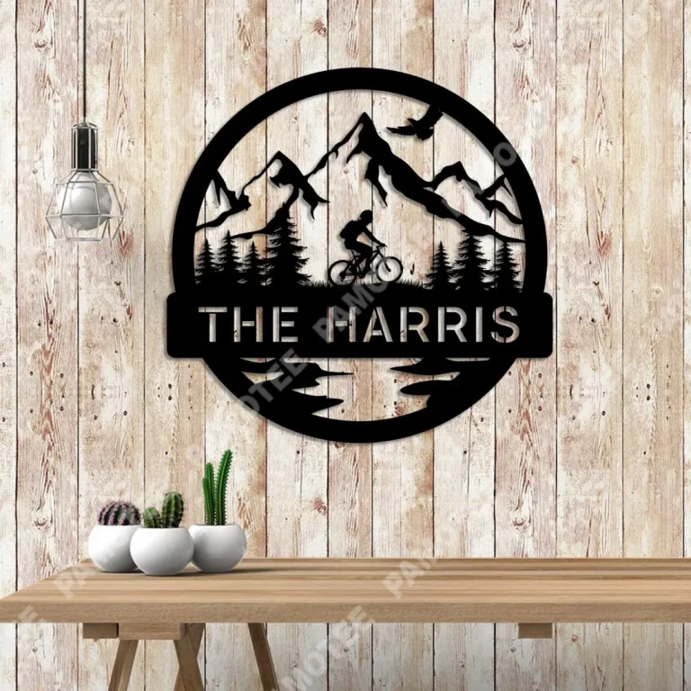 Custom Cycling On Mountain And Forrest Metal Sign, Mountain Cyclist Home Decor