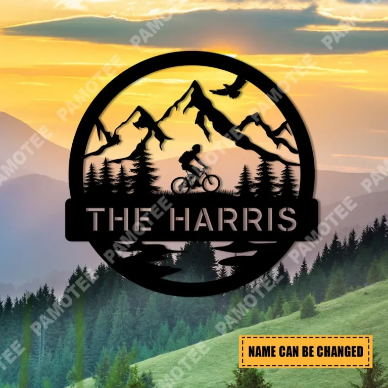 Custom Cycling On Mountain And Forrest Metal Sign, Mountain Cyclist Home Decor
