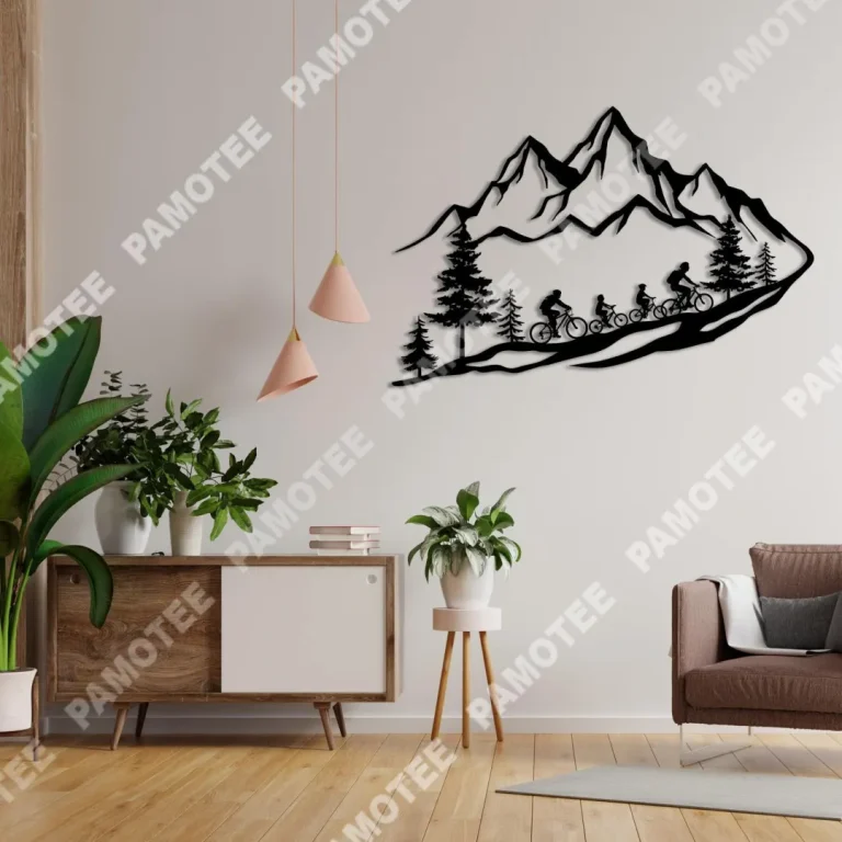 Husband, Wife And Two Children Cycling Mountain Steel Wall Art, Metal Sign For Cycling Lovers