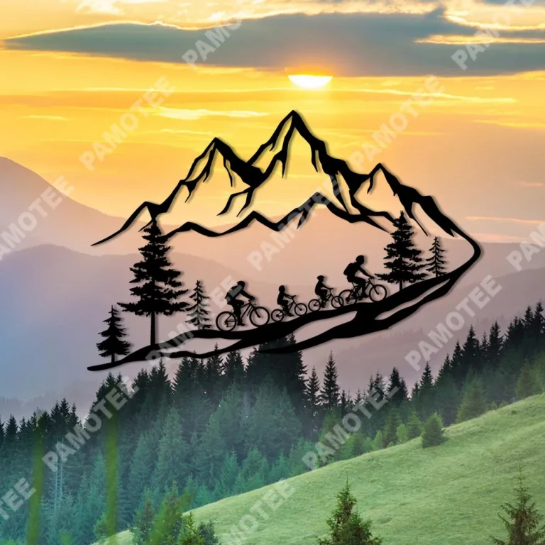 Husband, Wife And Two Children Cycling Mountain Steel Wall Art, Metal Sign For Cycling Lovers