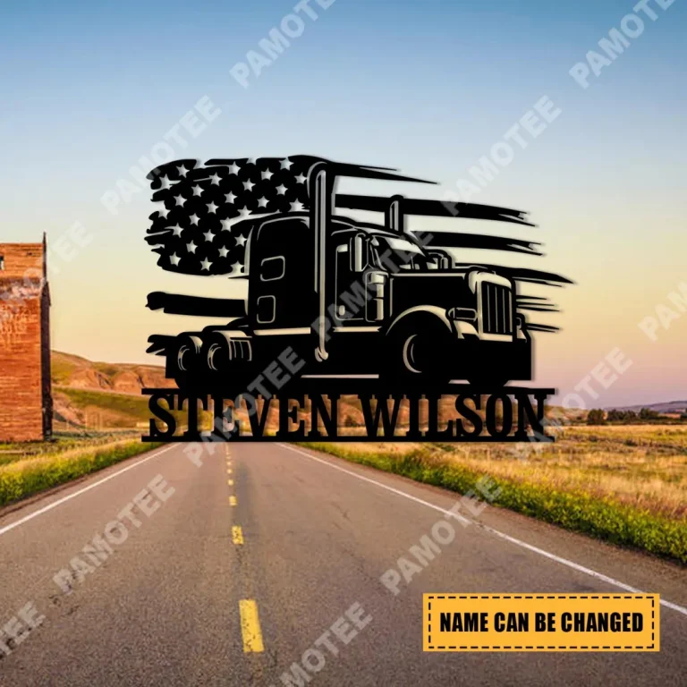 Custom Truck And American Flag Metal Sign, Gift For, Husband, Gift For Him