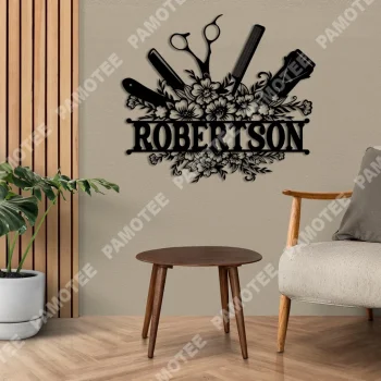 Customized Barber With Flowers Metal Sign, Hairdresser Metal Gift