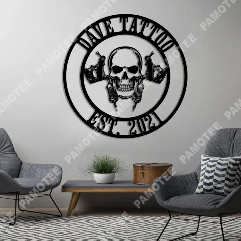 Custom Name And Est Date Skull Tattoo Artist Metal Sign, Steel Wall Hanging