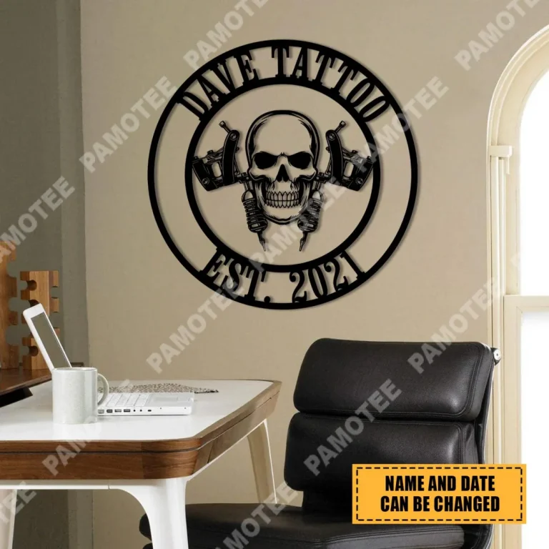 Custom Name And Est Date Skull Tattoo Artist Metal Sign, Steel Wall Hanging