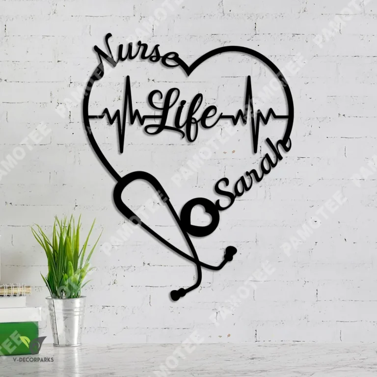 Personalized Text Nurse Life Stethoscope Heart & Heartbeat Artwork Decor, Nursing Metal Wall Hanging