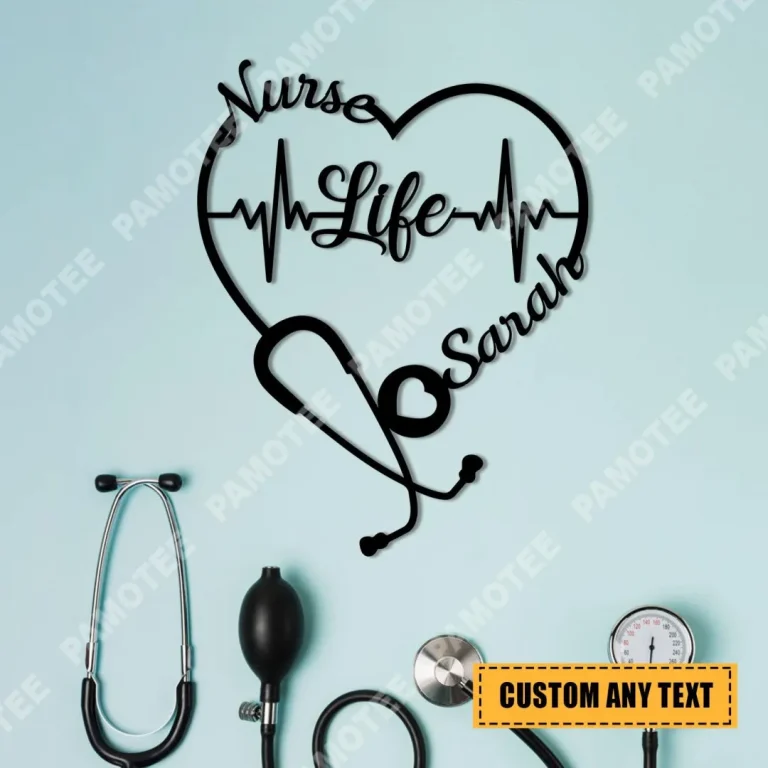 Personalized Text Nurse Life Stethoscope Heart & Heartbeat Artwork Decor, Nursing Metal Wall Hanging