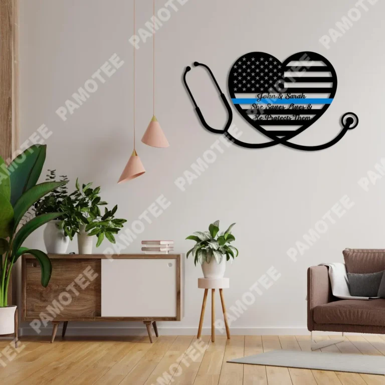 Custom Couple Name Nurse And Police Metal Sign, American Flag In Heart Steel Decor