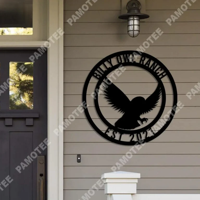 Custom Name And Date Flying Owl Metal Sign, Owl Ranch Door Hanging