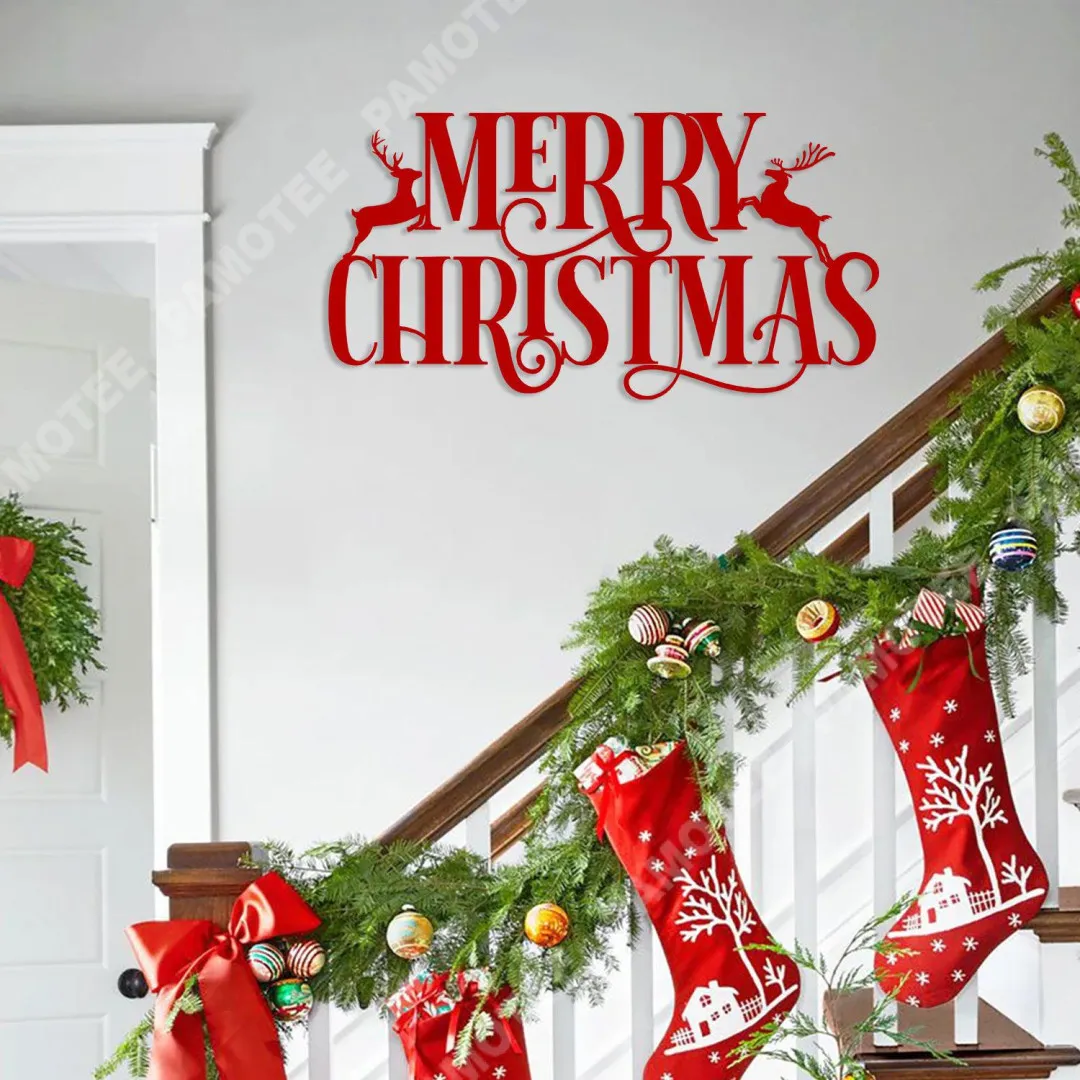 1913-01.webp Merry Christmas Word Reindeer Metal Art, Caribou Steel Wall Hanging