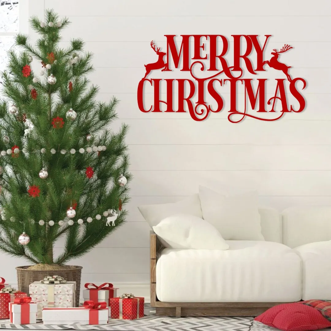 1913.webp Merry Christmas Word Reindeer Metal Art, Caribou Steel Wall Hanging