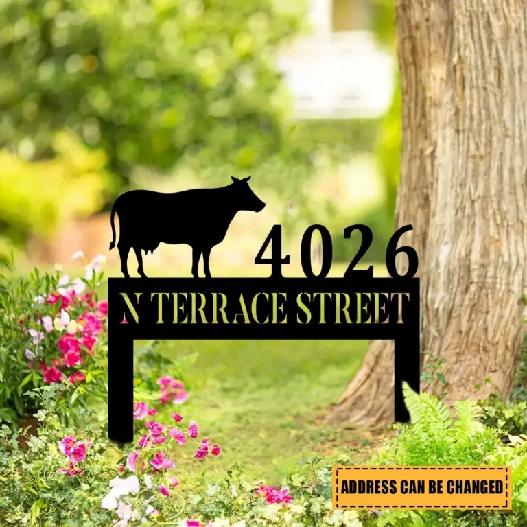 Customized Address Cow Metal Yard Sign, Cattle Barn Steel Art, Farm Metal Sign