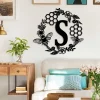 Custom Family Name First Letter Honeycomb Bee Metal Sign, Porch Wall Hanging