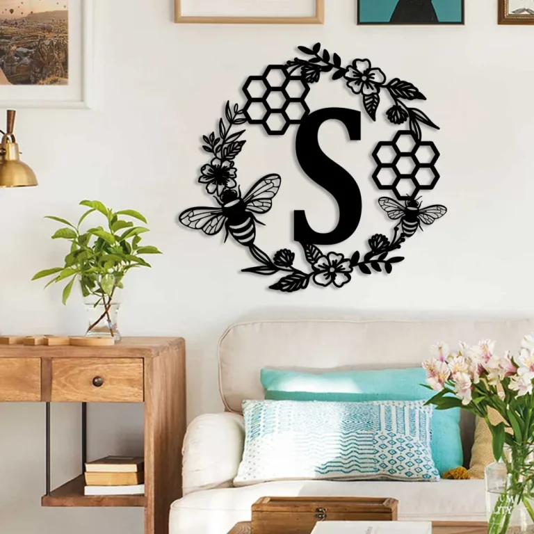 Custom Family Name First Letter Honeycomb Bee Metal Sign, Porch Wall Hanging