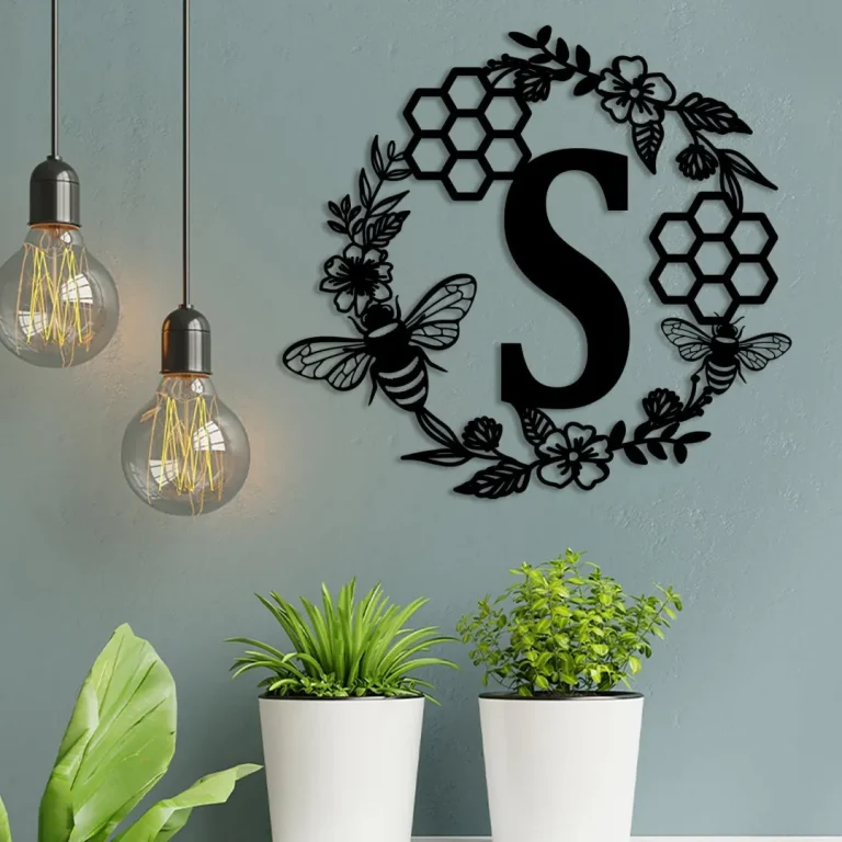 Custom Family Name First Letter Honeycomb Bee Metal Sign, Porch Wall Hanging