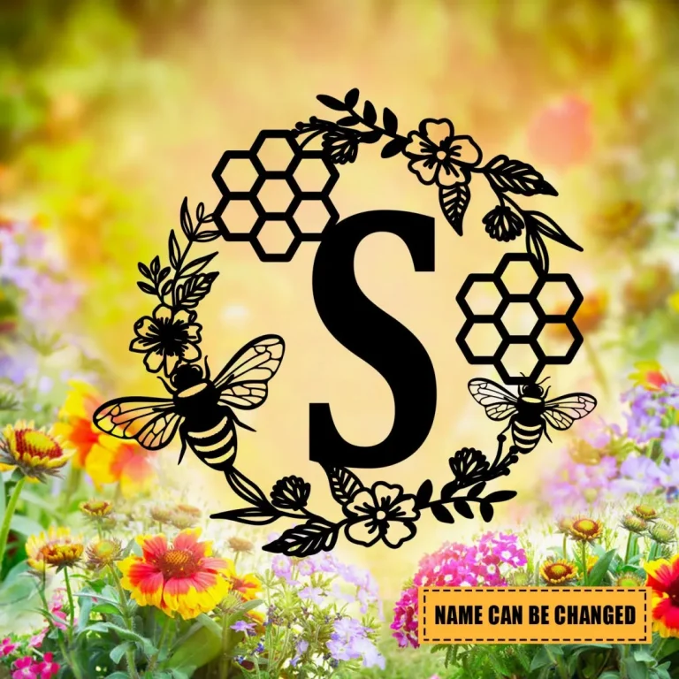 Custom Family Name First Letter Honeycomb Bee Metal Sign, Porch Wall Hanging