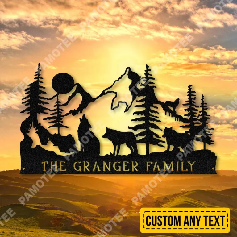 Personalized Howling Wolf And Mountain Forrest Metal Sign, Cabin Decor