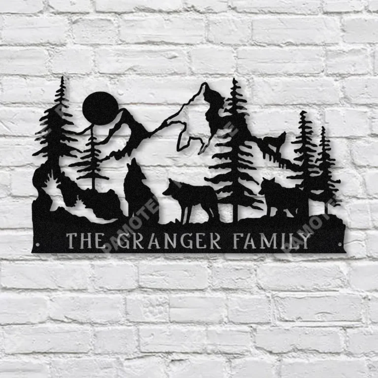 Personalized Howling Wolf And Mountain Forrest Metal Sign, Cabin Decor