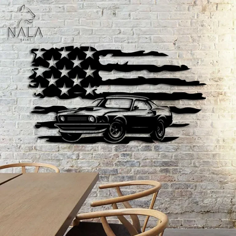 Flag Muscle Car Antique Old Classic Retro Transport Automobile Auto Wall Art, Flag Car Design Metal Wall Hanging Decor