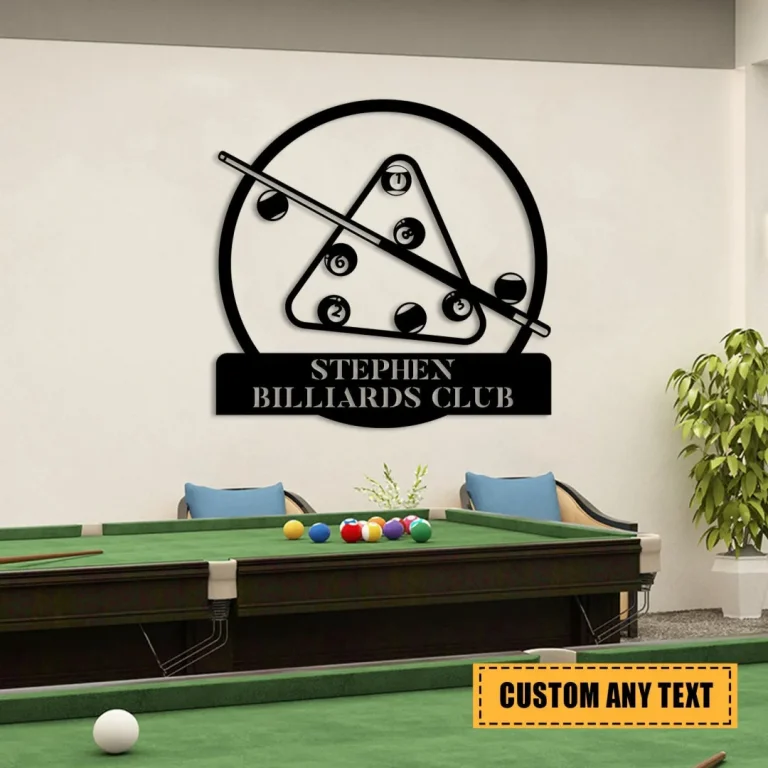 Personalized Billiards Club Balls Cue And Rack Metal Sign, Men Cave Wall Art Decor