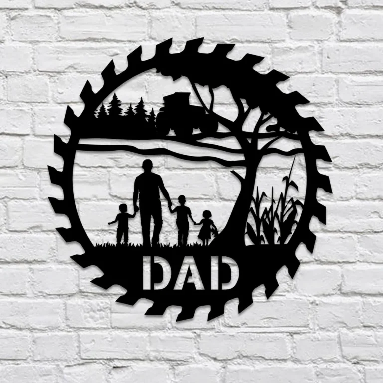 Custom Farmer Dad And Three Kids Hanging Out Metal Sign