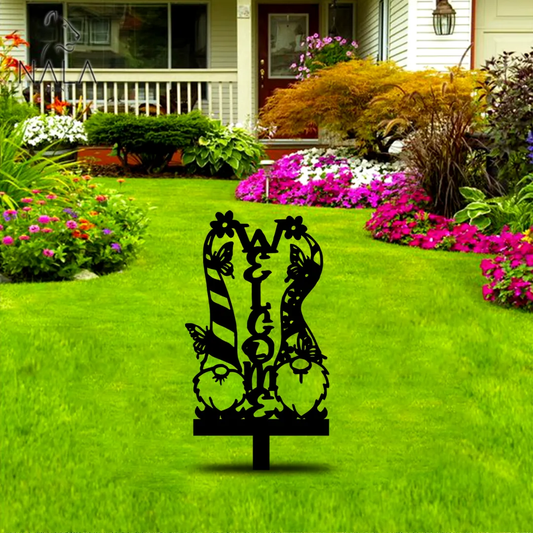 22.2.webp Couple Gnome Welcome Metal Garden Sign, Metal Garden Stake, Yard Art Decor, Welcome Sign