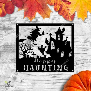 Happy Haunting Sementary Scene Metal Sign, Haunting House Iron Plaque