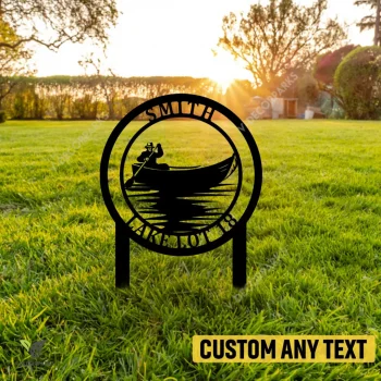 Personalized Rowing Man On Lake Metal Sign, Fishing Iron Yard Stake