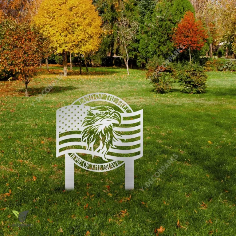 Land Of The Free Home Of The Brave America Eagle Metal Yard Sign, Backyard Evergreen Stake For Veteran