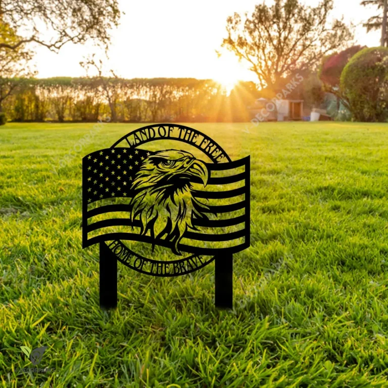 Land Of The Free Home Of The Brave America Eagle Metal Yard Sign, Backyard Evergreen Stake For Veteran