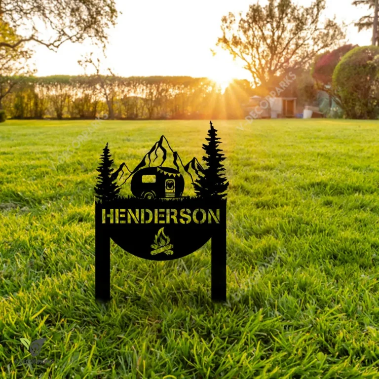Customized Camper, Campfire And Mountain Metal Garden Decoration, Campsite Plasma Cut Sign