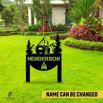 Customized Camper, Campfire And Mountain Metal Garden Decoration, Campsite Plasma Cut Sign
