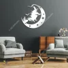 Spooky Witch With Cat Flying On Moon Metal Wall Art, Halloween Iron Accent For Living Room