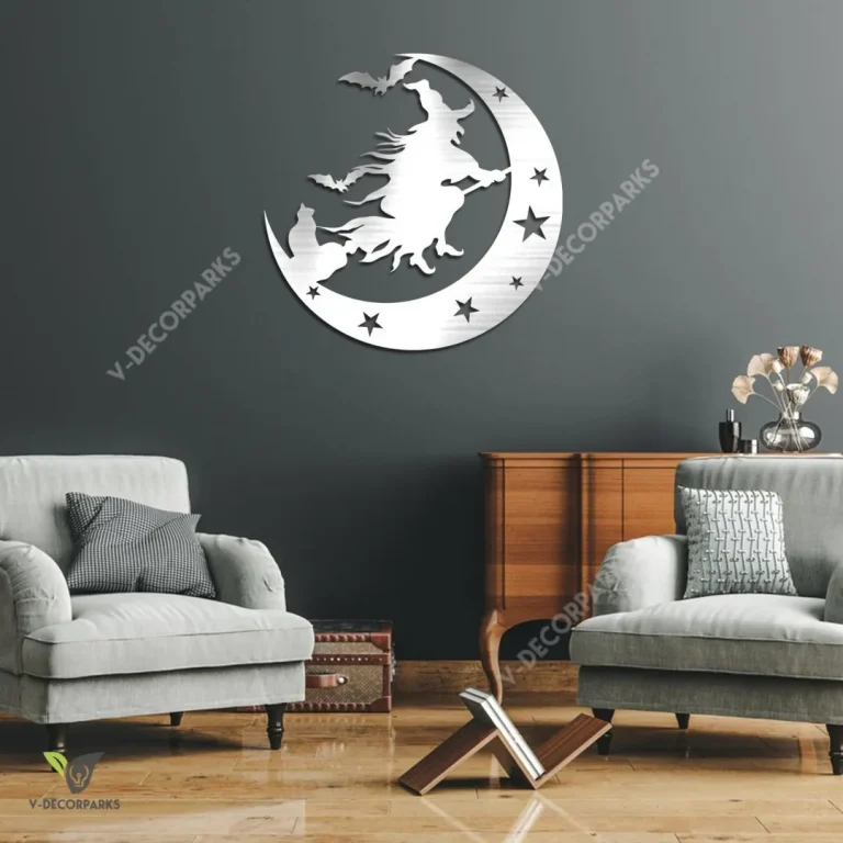 Spooky Witch With Cat Flying On Moon Metal Wall Art, Halloween Iron Accent For Living Room