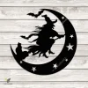 Spooky Witch With Cat Flying On Moon Metal Wall Art, Halloween Iron Accent For Living Room