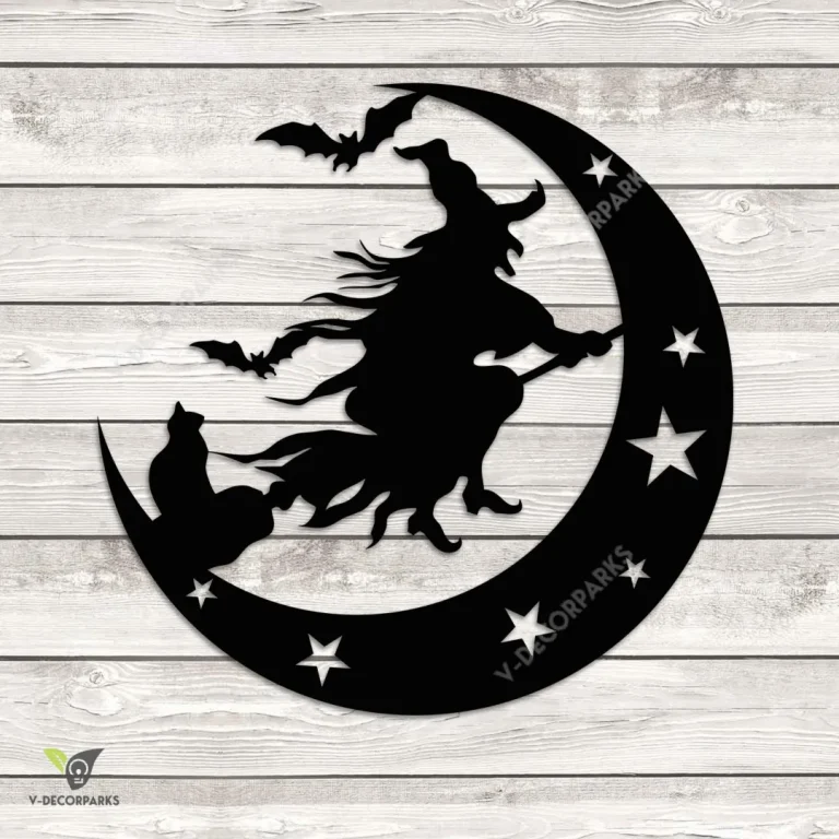 Spooky Witch With Cat Flying On Moon Metal Wall Art, Halloween Iron Accent For Living Room