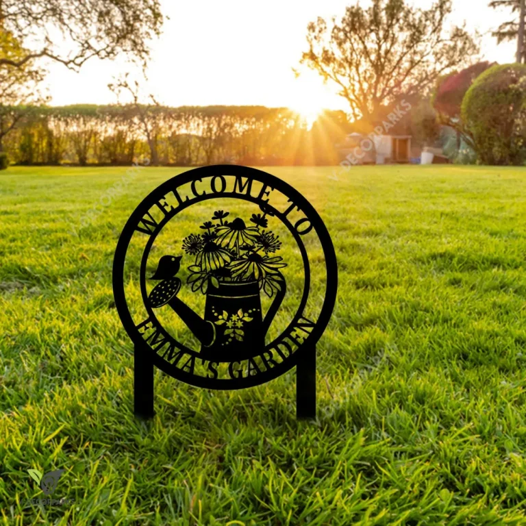Personalized Watering Can And Flower Welcome Metal Garden Sign, Gardening Backyard Stake