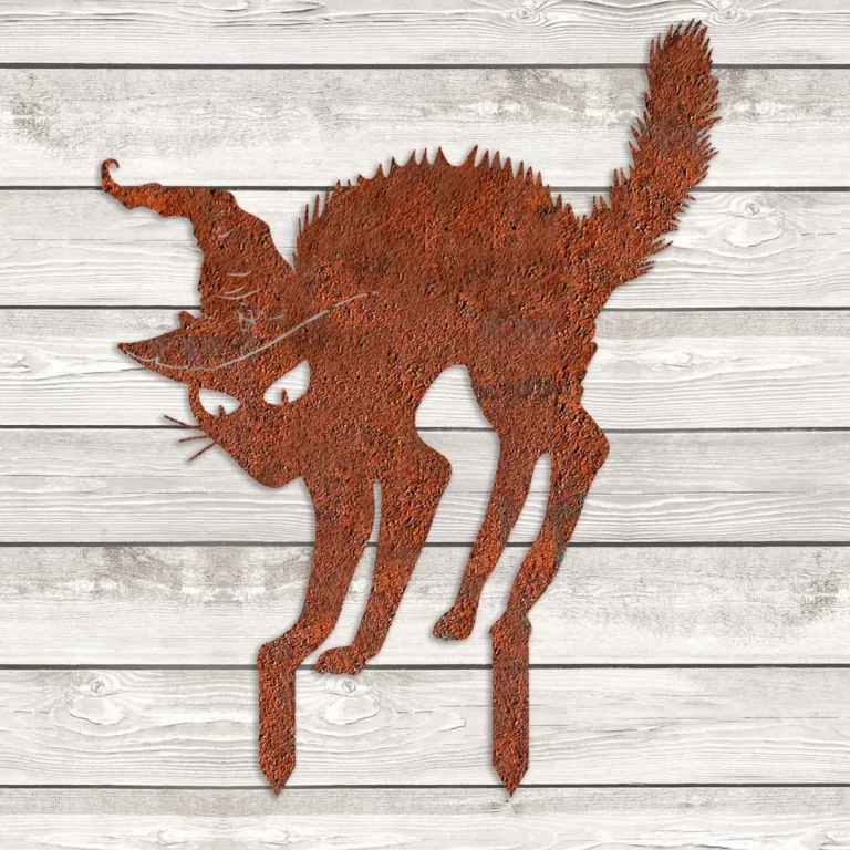 Rusty Spooky Cat Witch Hat Metal Garden Art, Halloween Laser Cut Yard Stake