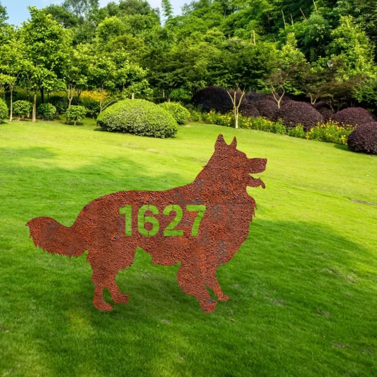 Custom Address Number Border Collie Dog Rusted Metal Garden Decoration, Border Collie Housewarming Stake