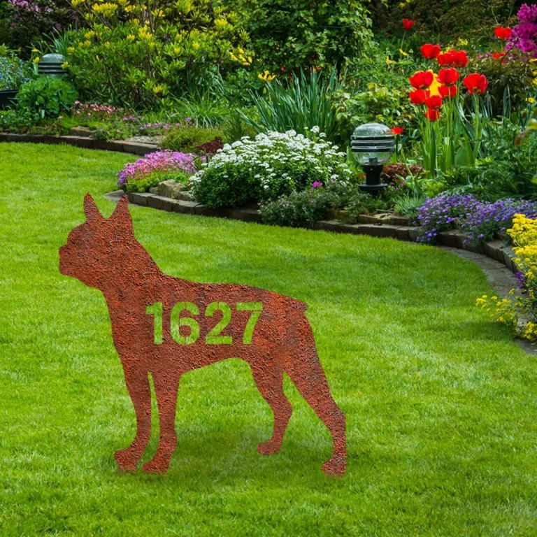 Personalized Address Number Boston Terrier Dog Rusted Metal Garden Decor, Boston Terrier Yard Stake