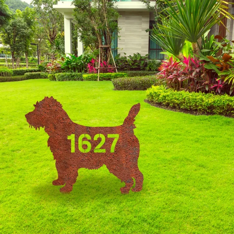 Custom Address Number Cairn Terrier Dog Rusty Metal Garden Sign, Cairn Terrier Weatherproof Artwork