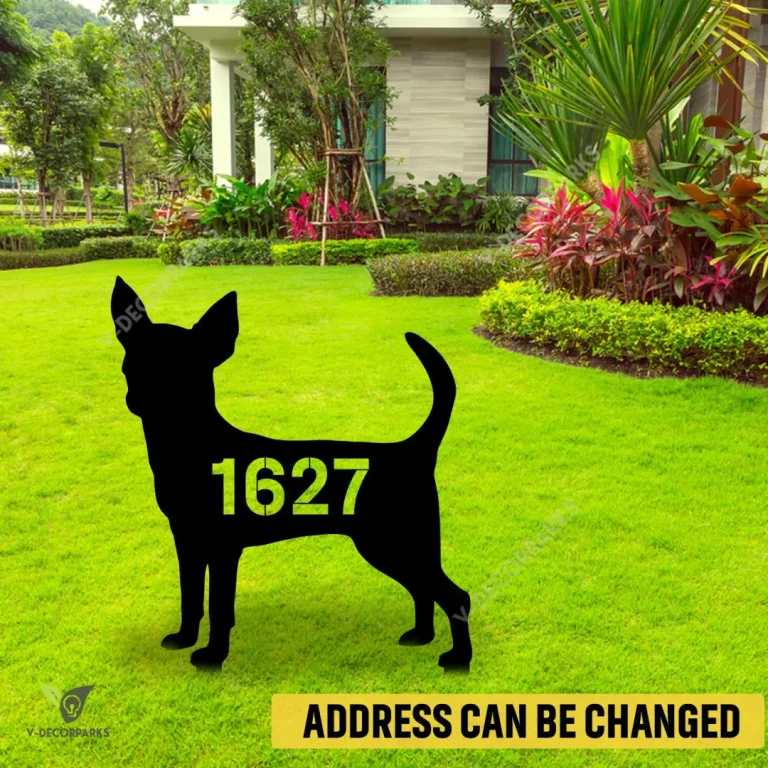 Personalized Address Chihuahua Dog Metal Garden Decoration, Funny Chihuahua Weatherproof Artwork